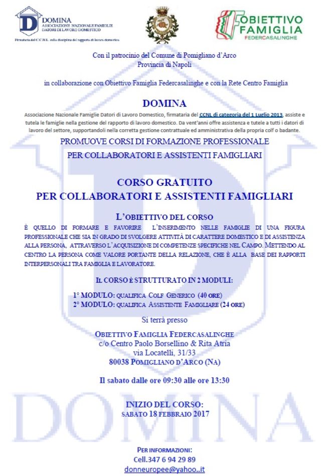 Manifesto corso assistente Famigliare Domina 2017....